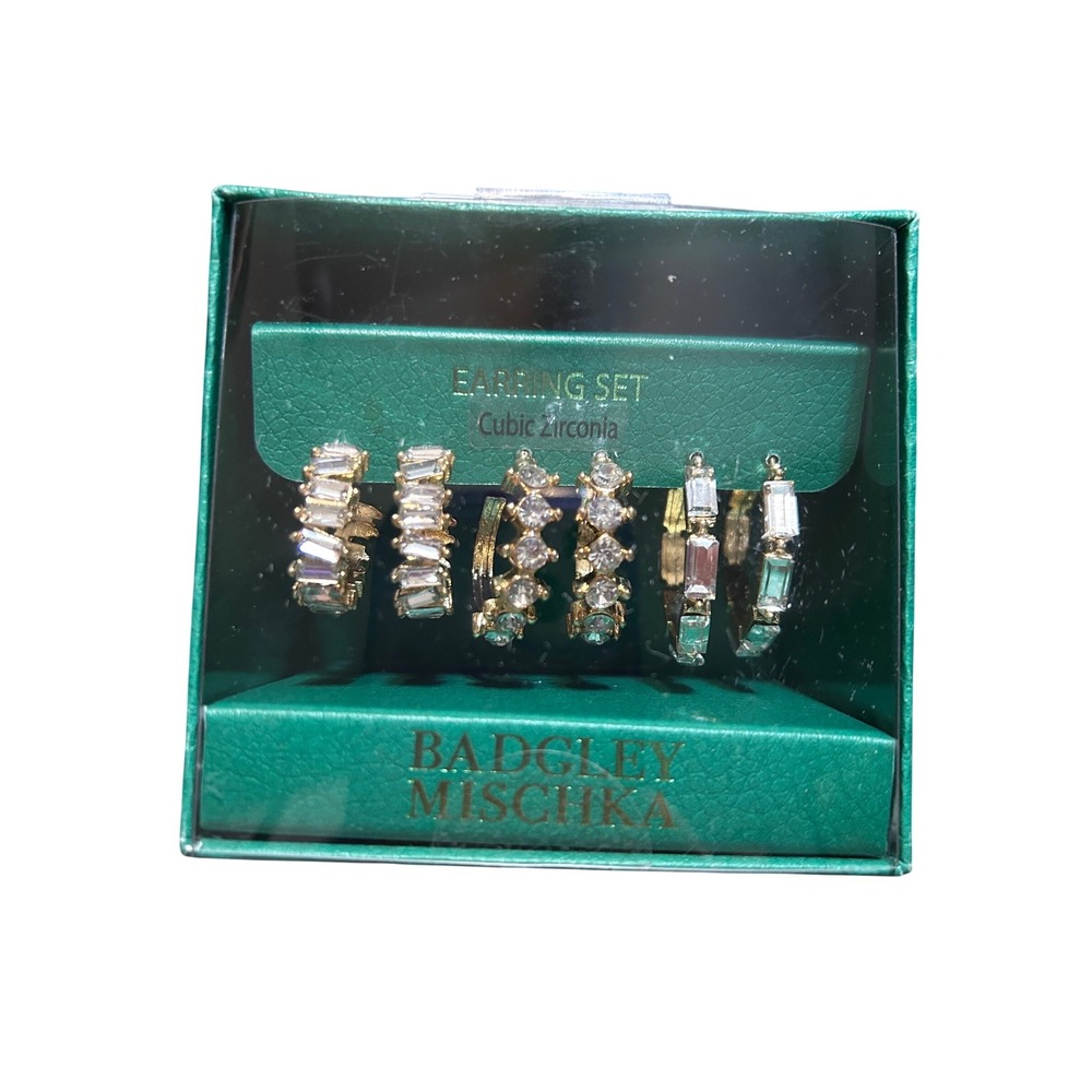 Badgley Mischka Cubic Zirconia Hoop Earring Set – 3 Pair – Gold Tone – Boxed
